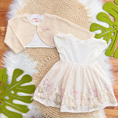 Conj. Bolerinho de Pelinho e Vestido Ursinhas - Rosa Bebê e Off White